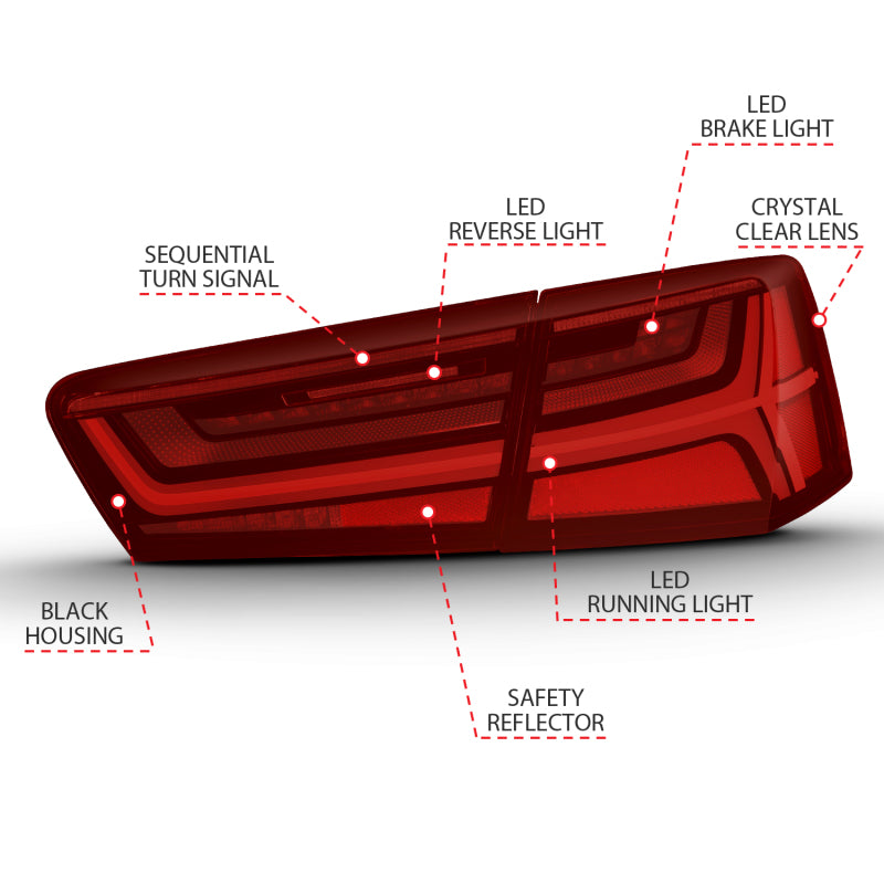 ANZO 2012-2018 Audi A6 LED Taillight Black Housing Red/Clear Lens 4 pcs (Sequential Signal) ANZO Tail Lights  AXOPROS