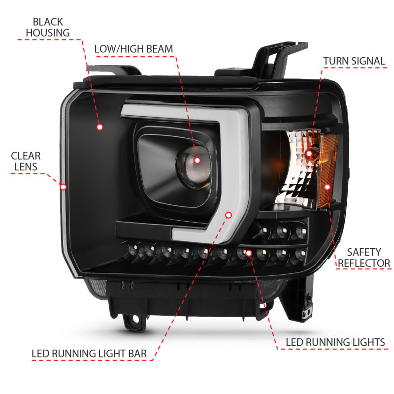 ANZO 2014-2015 Gmc Sierra 1500HD Projector Plank Style Headlight Black W/ Drl ANZO Headlights  AXOPROS