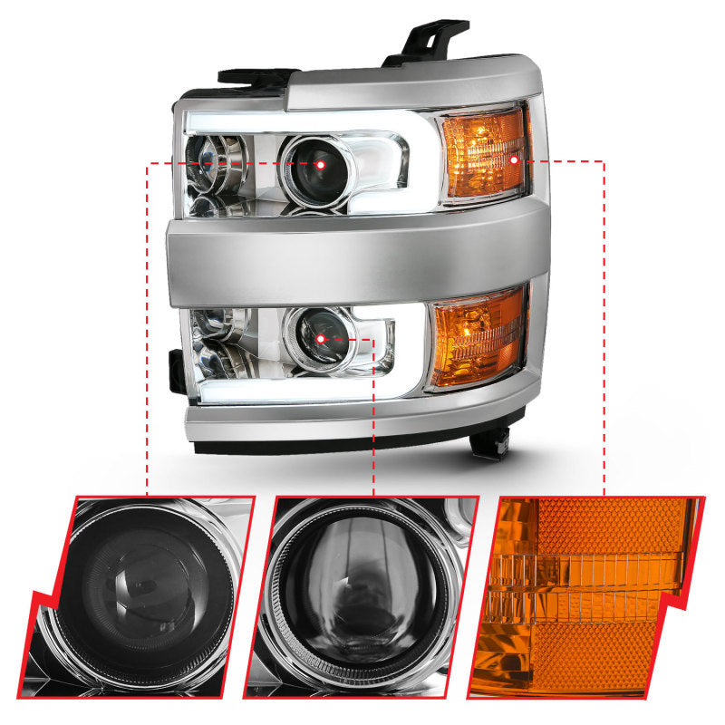 ANZO 2015-2016 Chevrolet Silverado Projector Headlights w/ Plank Style Design Chrome w/ Amber ANZO Headlights  AXOPROS