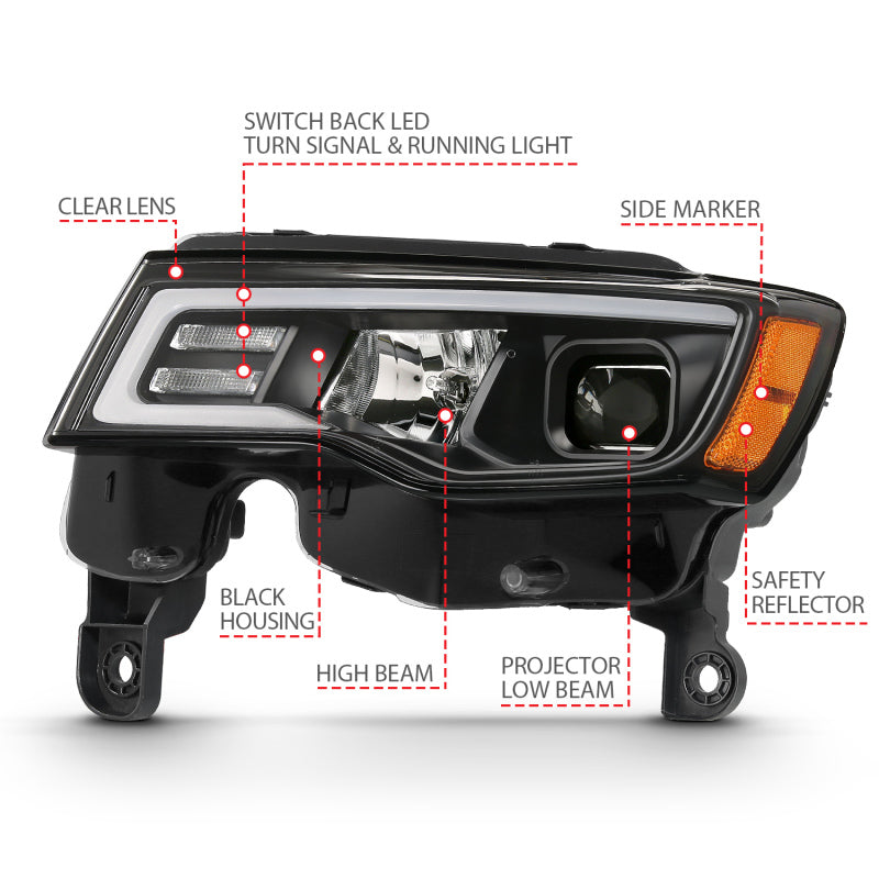 ANZO 2017-2018 Jeep Grand Cherokee Projector Headlights w/ Plank Style Switchback - Black w/ Amber ANZO Headlights  AXOPROS