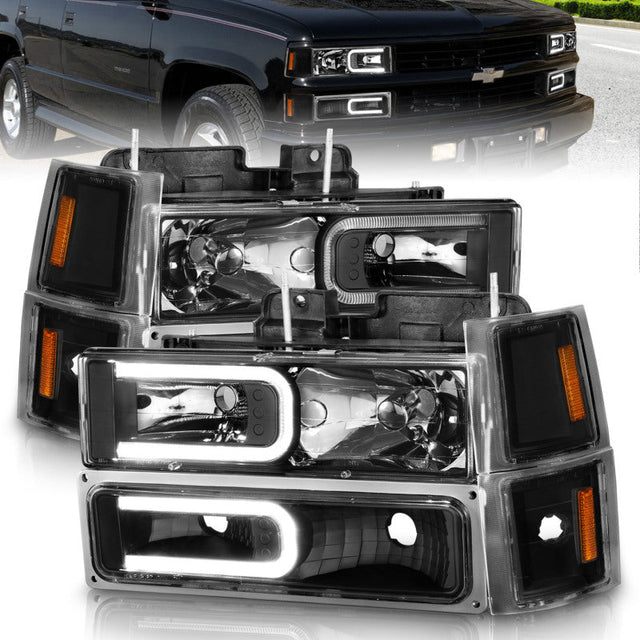 ANZO 88-98 Chevrolet C1500 Crystal Headlights w/ Light Bar Black Housing w/ Signal Side Markers 8Pcs ANZO Headlights  AXOPROS