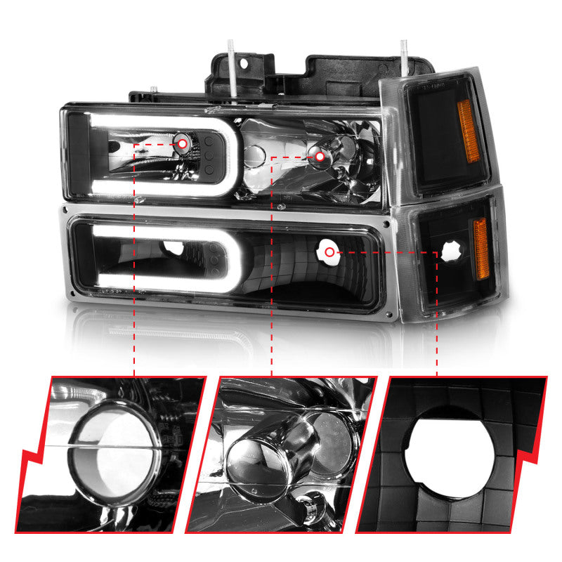 ANZO 88-98 Chevrolet C1500 Crystal Headlights w/ Light Bar Black Housing w/ Signal Side Markers 8Pcs ANZO Headlights  AXOPROS