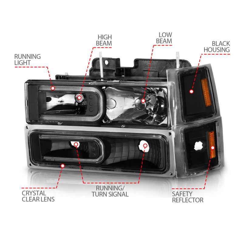 ANZO 88-98 Chevrolet C1500 Crystal Headlights w/ Light Bar Black Housing w/ Signal Side Markers 8Pcs ANZO Headlights  AXOPROS