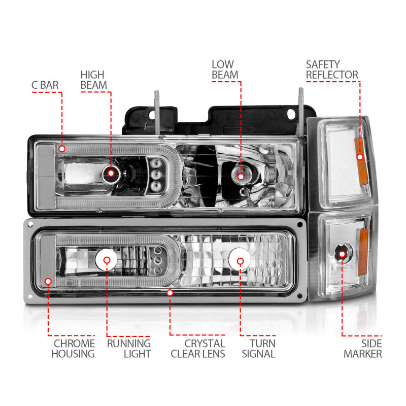 ANZO 88-98 Chevrolet C1500 Crystal Headlights w/Light Bar Chrome Housing w/ Signal Side Markers 8Pcs ANZO Headlights  AXOPROS