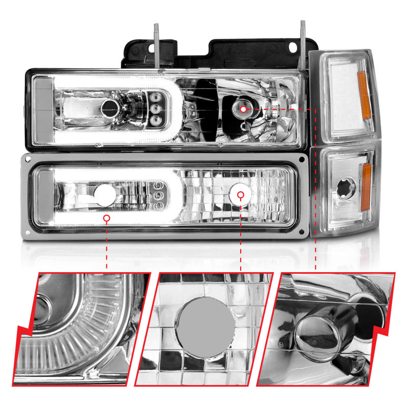 ANZO 88-98 Chevrolet C1500 Crystal Headlights w/Light Bar Chrome Housing w/ Signal Side Markers 8Pcs ANZO Headlights  AXOPROS