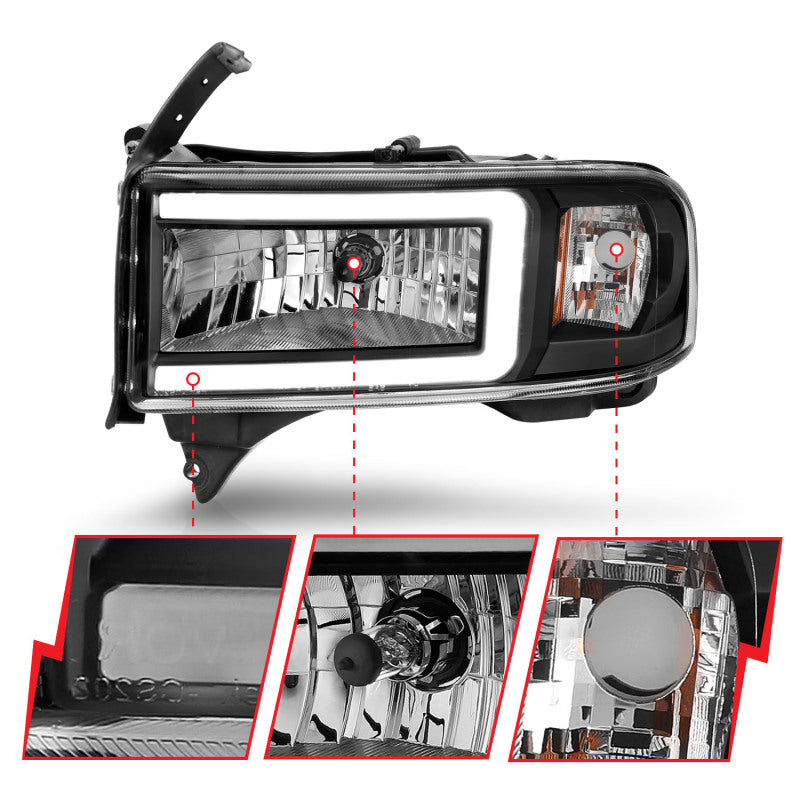 ANZO 94-02 Dodge RAM Crystal Headlight - w/ Light Bar Black Housing ANZO Headlights  AXOPROS