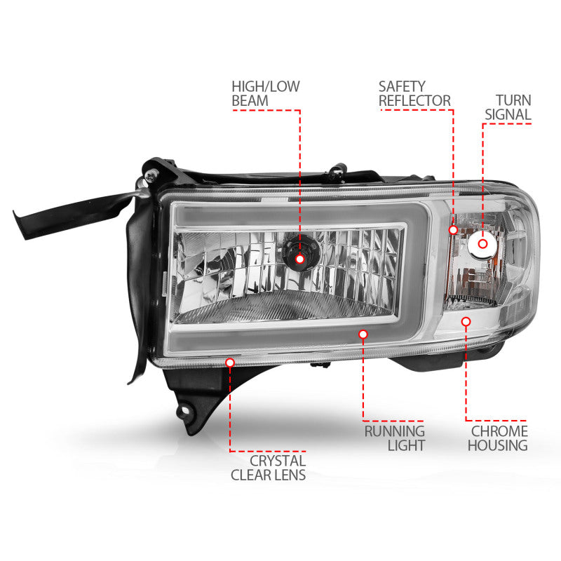 ANZO 94-02 Dodge RAM Crystal Headlight - w/ Light Bar Chrome Housing ANZO Headlights  AXOPROS