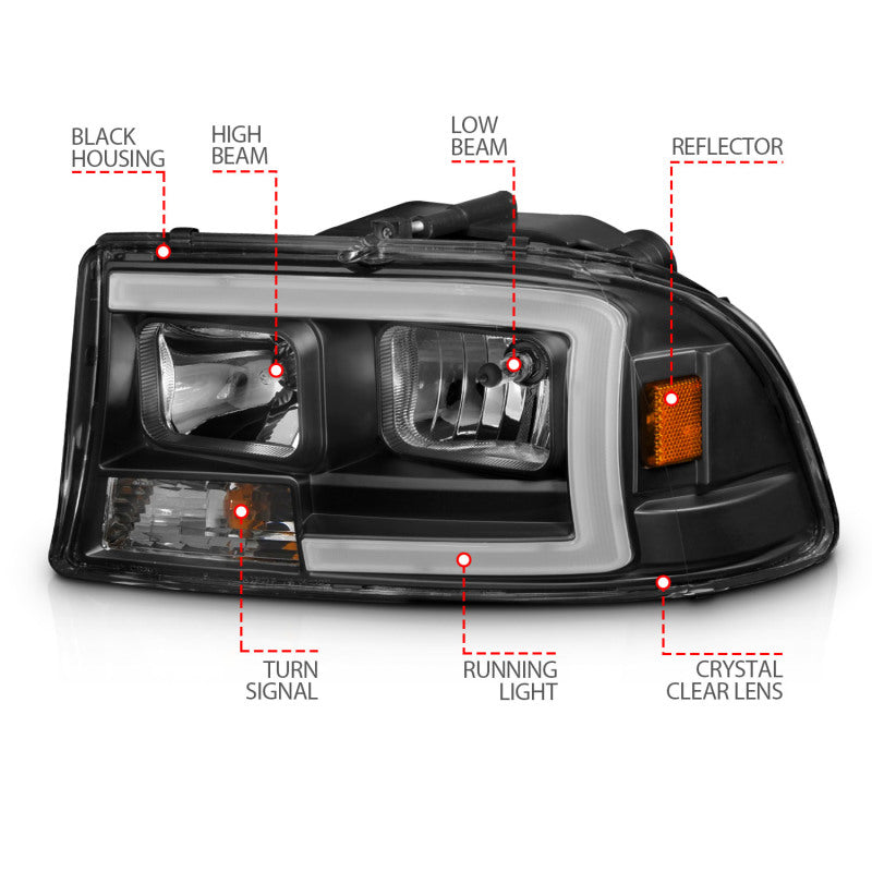 ANZO 97-04 Dodge Dakota/Durango Crystal headlight Set w/ Light Bar Black Housing ANZO Headlights  AXOPROS