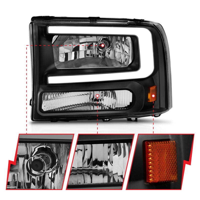 ANZO 99-04 Ford F250/F350/F450/Excursion (excl. 99) Crystal Headlights - w/ Light Bar Black Housing ANZO Headlights  AXOPROS