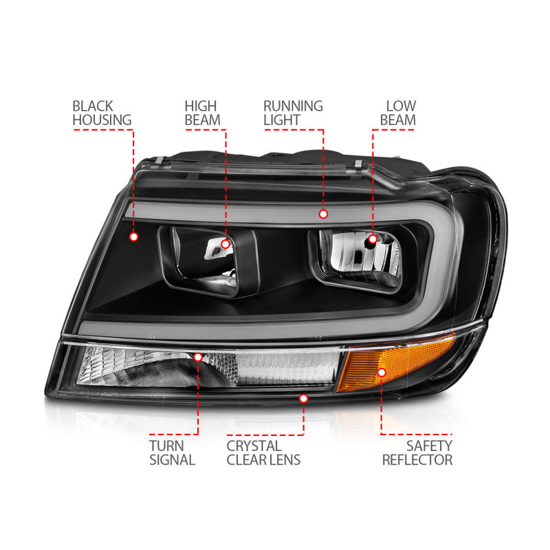 ANZO 99-04 Jeep Grand Cherokee Crystal Headlights - w/ Light Bar Black Housing ANZO Headlights  AXOPROS