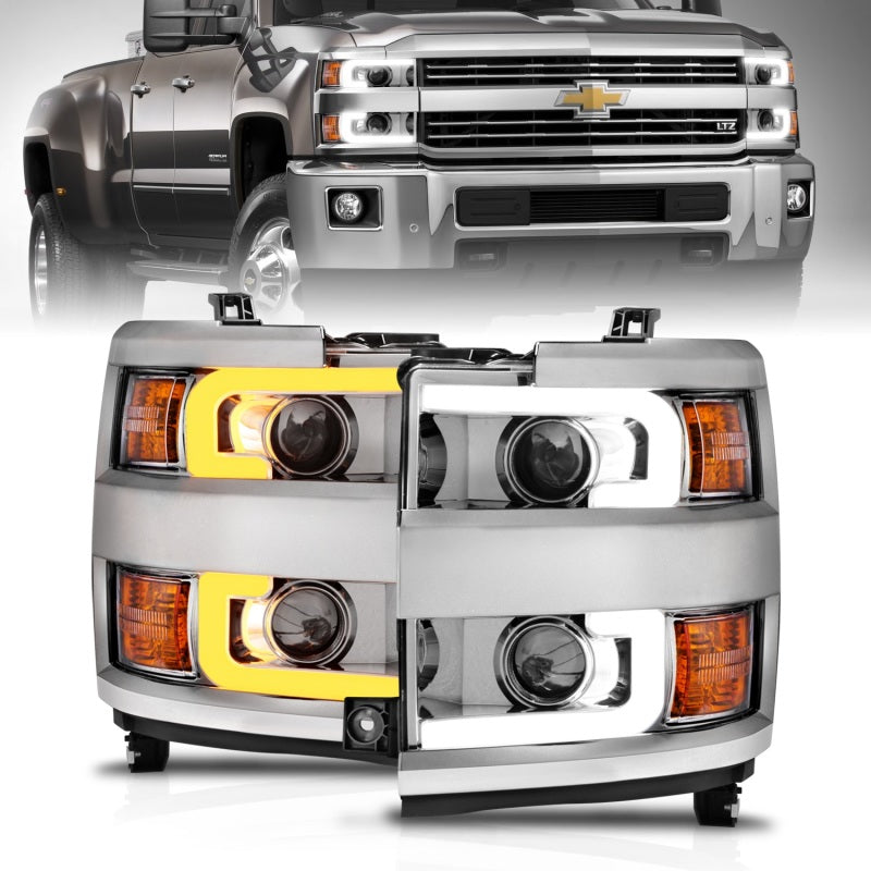 ANZO Projector Headlights 15-17 Chevrolet Silverado 2500HD / 3500HD Chrome w/ Chrome Rim ANZO Headlights  AXOPROS