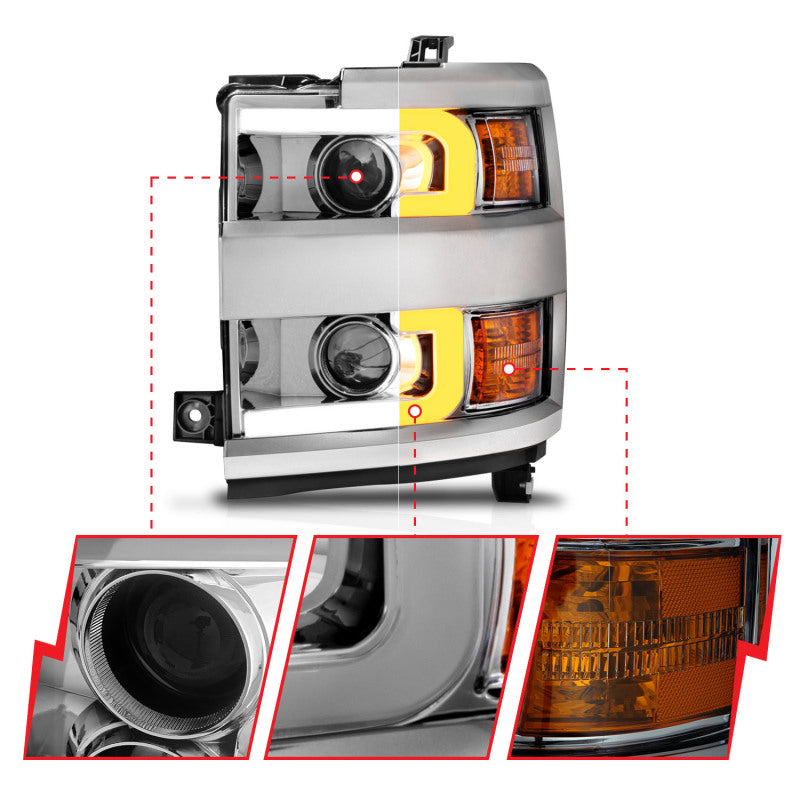 ANZO Projector Headlights 15-17 Chevrolet Silverado 2500HD / 3500HD Chrome w/ Chrome Rim ANZO Headlights  AXOPROS