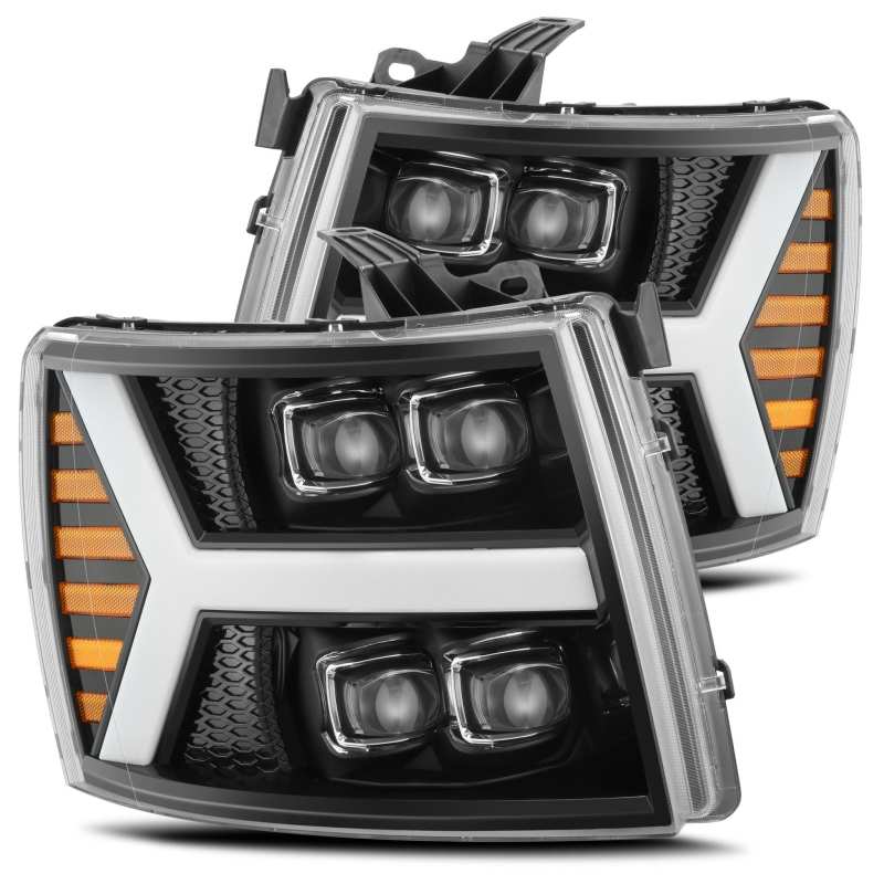 AlphaRex 07-13 Chevy 1500HD(NewBody) NOVA LED Proj Headlight Plank Sty Glos Blk w/Activ Lite/Seq Sig AlphaRex Headlights  AXOPROS
