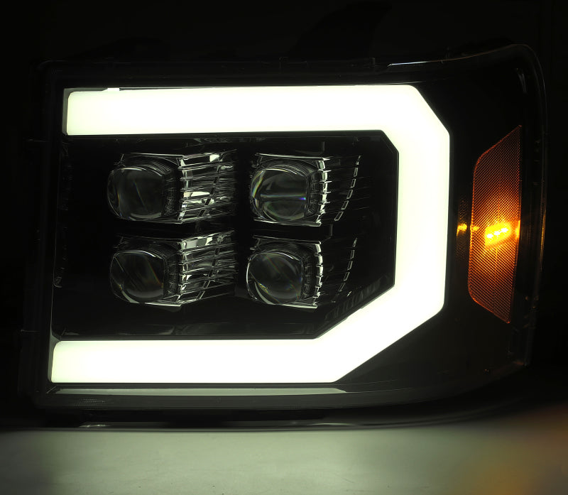AlphaRex 07-13 GMC 1500HD NOVA LED Proj Headlight Plank Style Gloss Blk w/Activ Light/Seq Signal/DRL AlphaRex Headlights  AXOPROS