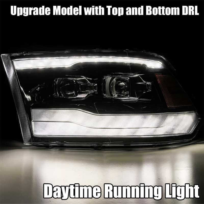 AlphaRex 09-18 Dodge Ram 1500HD LUXX LED Proj Headlights Plnk Style Blk w/Activ Light/Seq Signal/DRL AlphaRex Headlights  AXOPROS