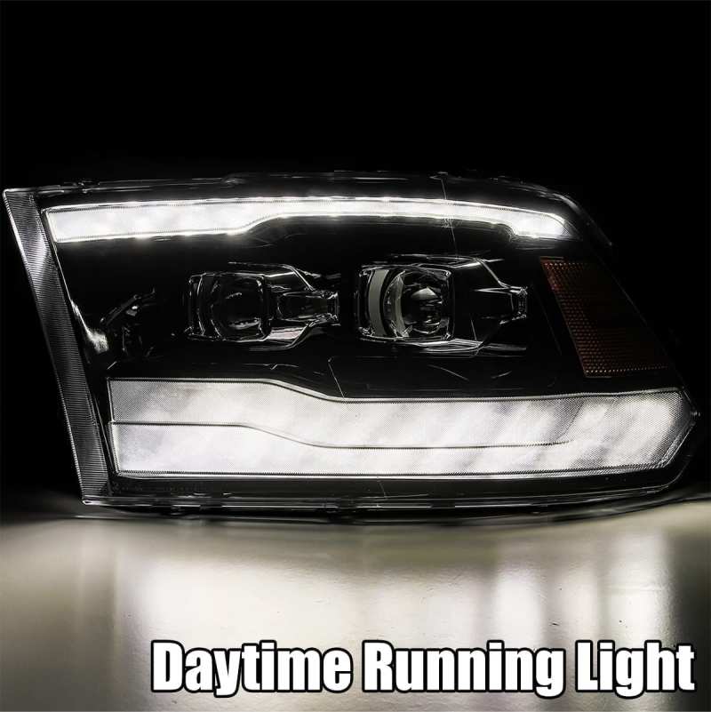 AlphaRex 09-18 Ram 1500HD LUXX Proj Headlight Plnk Style Jet Blk w/Activ Light/Seq Signal/Smoked DRL AlphaRex Headlights  AXOPROS