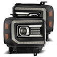 AlphaRex 14-18 GMC Sierra LUXX LED Proj Headlights Plank Style Black w/Activ Light/Seq Signal/DRL AlphaRex Headlights  AXOPROS
