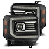 AlphaRex 14-18 GMC Sierra LUXX LED Proj Headlights Plank Style Black w/Activ Light/Seq Signal/DRL AlphaRex Headlights  AXOPROS