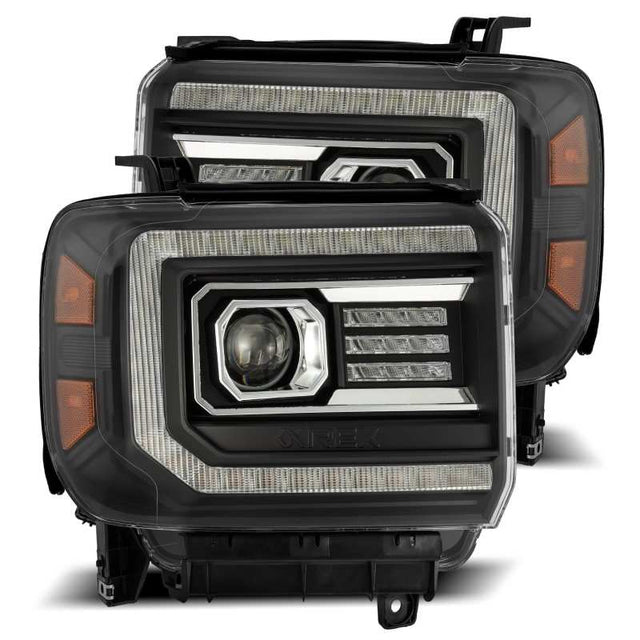 AlphaRex 14-18 GMC Sierra LUXX LED Proj Headlights Plank Style Black w/Activ Light/Seq Signal/DRL AlphaRex Headlights  AXOPROS