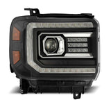 AlphaRex 14-18 GMC Sierra LUXX LED Proj Headlights Plank Style Black w/Activ Light/Seq Signal/DRL AlphaRex Headlights  AXOPROS