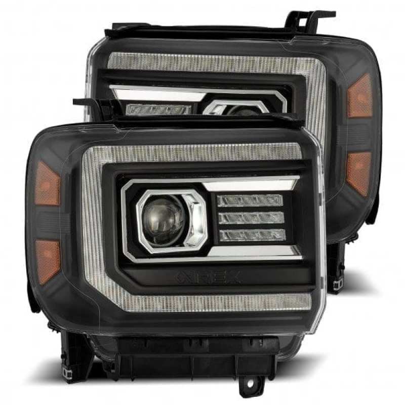 AlphaRex 14-18 GMC Sierra LUXX LED Proj Headlights Plank Style Black w/Activ Light/Seq Signal/DRL AlphaRex Headlights  AXOPROS