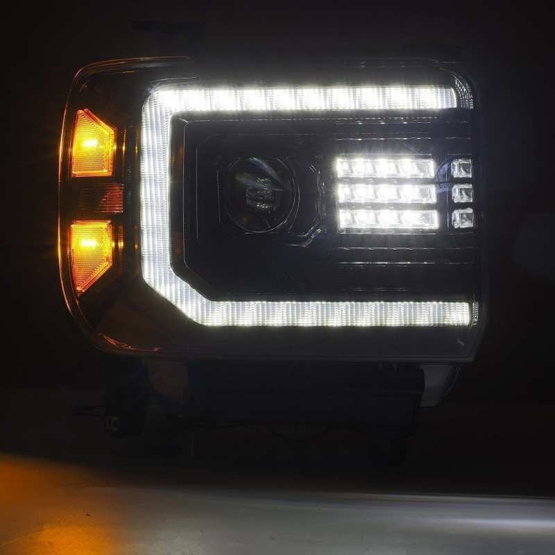 AlphaRex 14-18 GMC Sierra LUXX LED Proj Headlights Plank Style Black w/Activ Light/Seq Signal/DRL AlphaRex Headlights  AXOPROS