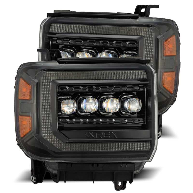 AlphaRex 14-18 GMC Sierra NOVA LED Proj Headlights Plnk Style Alpha Blk w/Activ Light/Seq Signal/DRL AlphaRex Headlights  AXOPROS