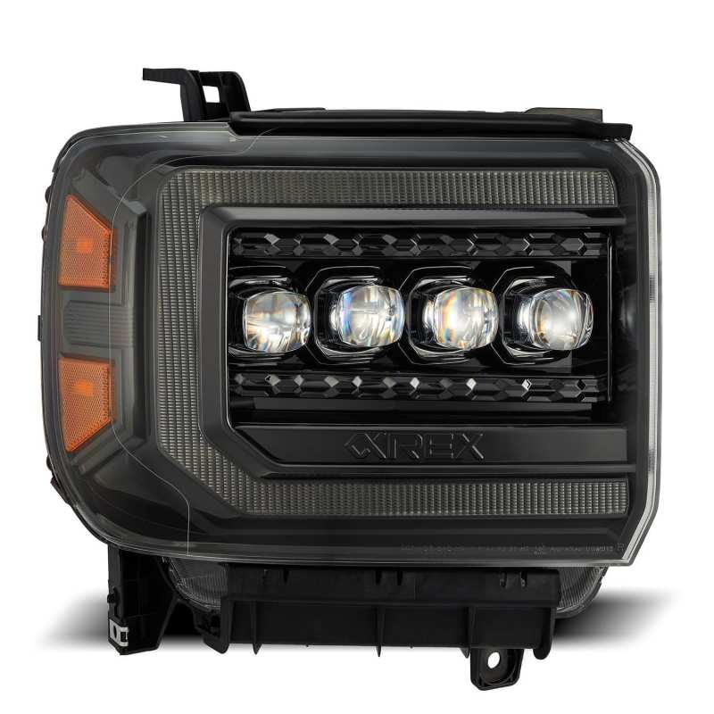 AlphaRex 14-18 GMC Sierra NOVA LED Proj Headlights Plnk Style Alpha Blk w/Activ Light/Seq Signal/DRL AlphaRex Headlights  AXOPROS