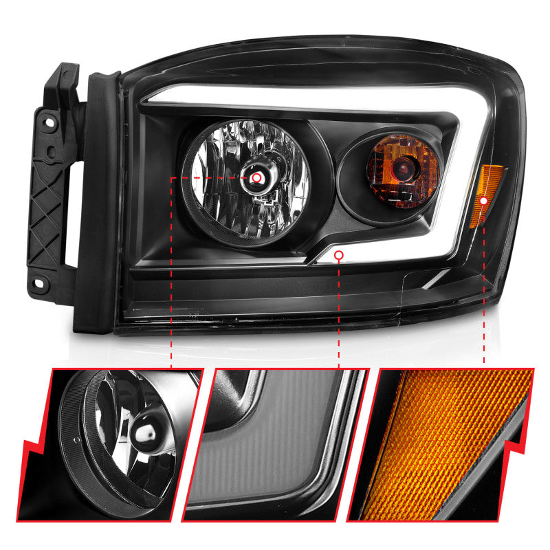 Anzo 06-09 Dodge RAM 1500/2500/3500 Headlights Black Housing/Clear Lens (w/ Light Bars) ANZO Headlights  AXOPROS
