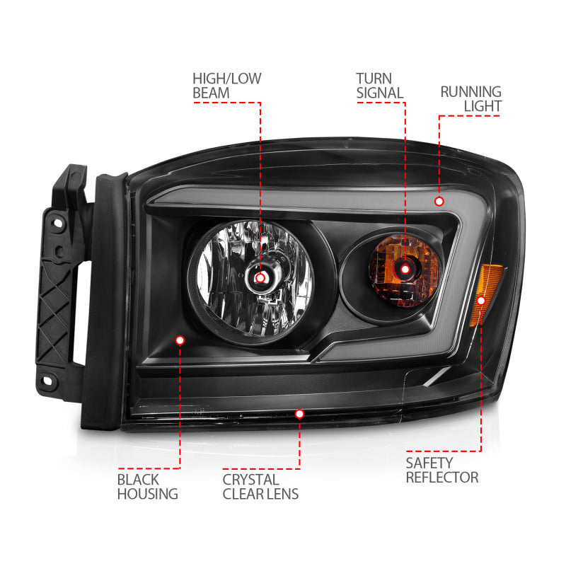 Anzo 06-09 Dodge RAM 1500/2500/3500 Headlights Black Housing/Clear Lens (w/ Light Bars) ANZO Headlights  AXOPROS