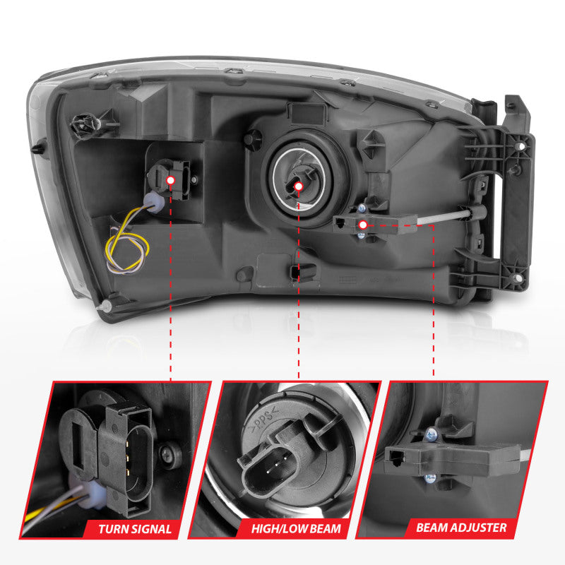 Anzo 06-09 Dodge RAM 1500/2500/3500 Headlights Black Housing/Clear Lens (w/ Light Bars) ANZO Headlights  AXOPROS