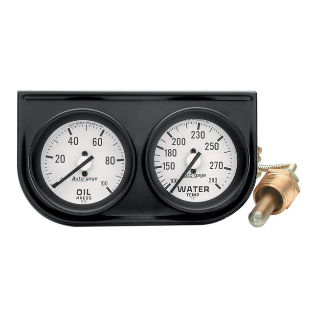 Autometer AutoGage Two-Gauge Console 2-1/16in Mech 0-100 PSI Oil Press/100-280 Deg Water Temp-Black AutoMeter Gauges  AXOPROS