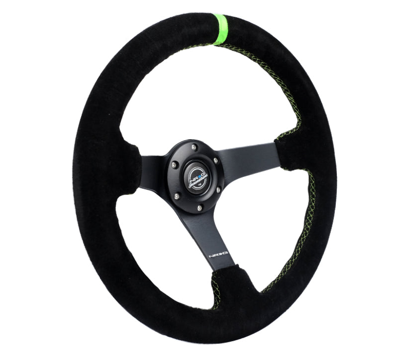 NRG Reinforced Steering Wheel 350mm/3in. Deep Blk Suede/ Neon Green Stitch w/5mm Matte Black Spoke NRG Steering Wheels  AXOPROS