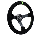 NRG Reinforced Steering Wheel 350mm/3in. Deep Blk Suede/ Neon Green Stitch w/5mm Matte Black Spoke NRG Steering Wheels  AXOPROS