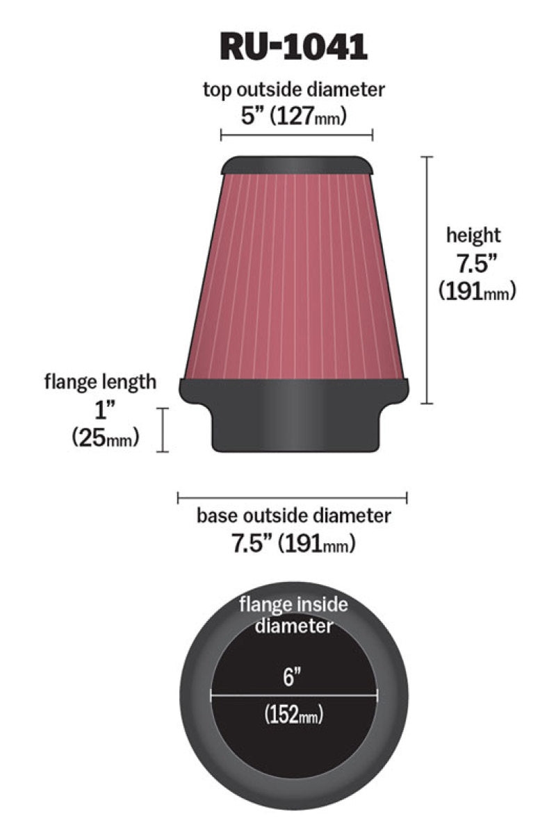 K&N Universal Clamp-On Air Filter 6in FLG / 7-1/2in B / 5in T / 7-1/2in H K&N Engineering Air Filters - Universal Fit  AXOPROS
