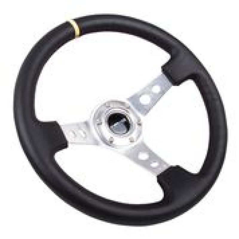 NRG Reinforced Steering Wheel (350mm / 3in. Deep) Blk Leather w/Circle Cut Spokes & Single Yellow CM NRG Steering Wheels  AXOPROS