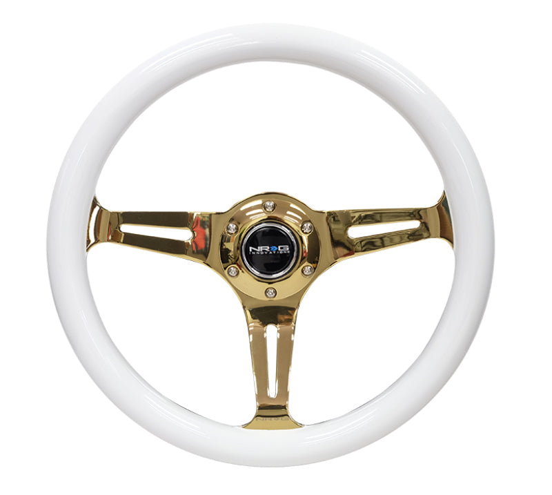 NRG Classic Wood Grain Steering Wheel (350mm) White Grip w/Chrome Gold 3-Spoke Center NRG Steering Wheels  AXOPROS
