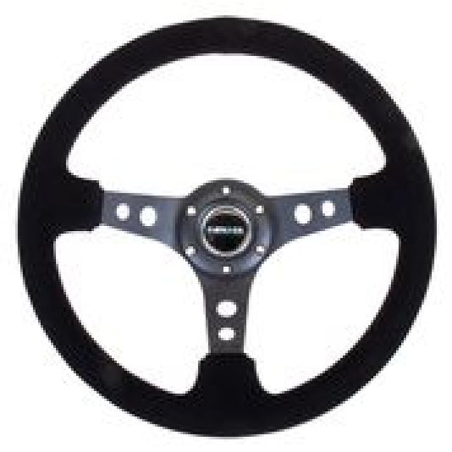 NRG Reinforced Steering Wheel (350mm / 3in. Deep) Blk Suede/Blk Stitch w/Black Circle Cutout Spokes NRG Steering Wheels  AXOPROS