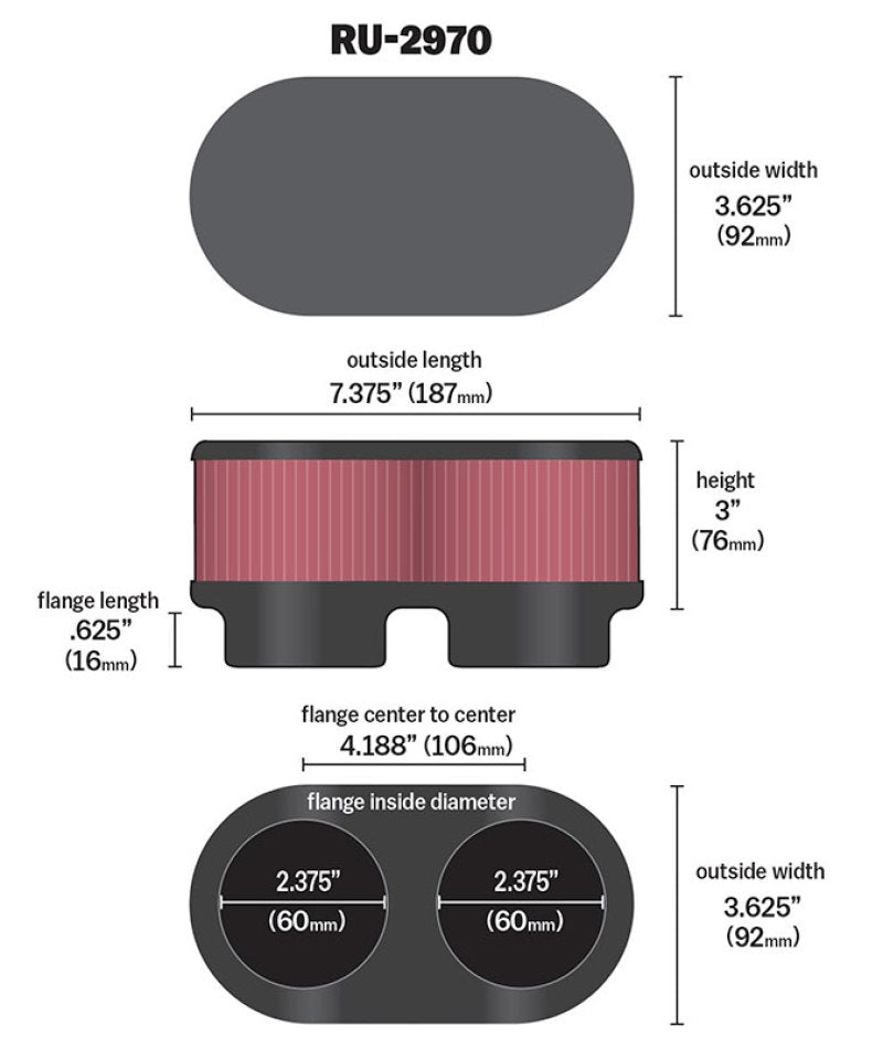 K&N Filter Universal  Filter 2 3/8 inch Dual Flange 107mm C-C 3 inch Height K&N Engineering Air Filters - Universal Fit  AXOPROS