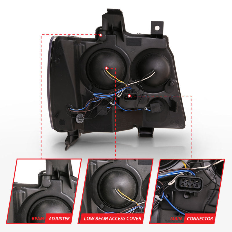 ANZO 07-14 Chevy Tahoe Projector Headlights w/ Plank Style Design Black w/ Amber ANZO Headlights  AXOPROS