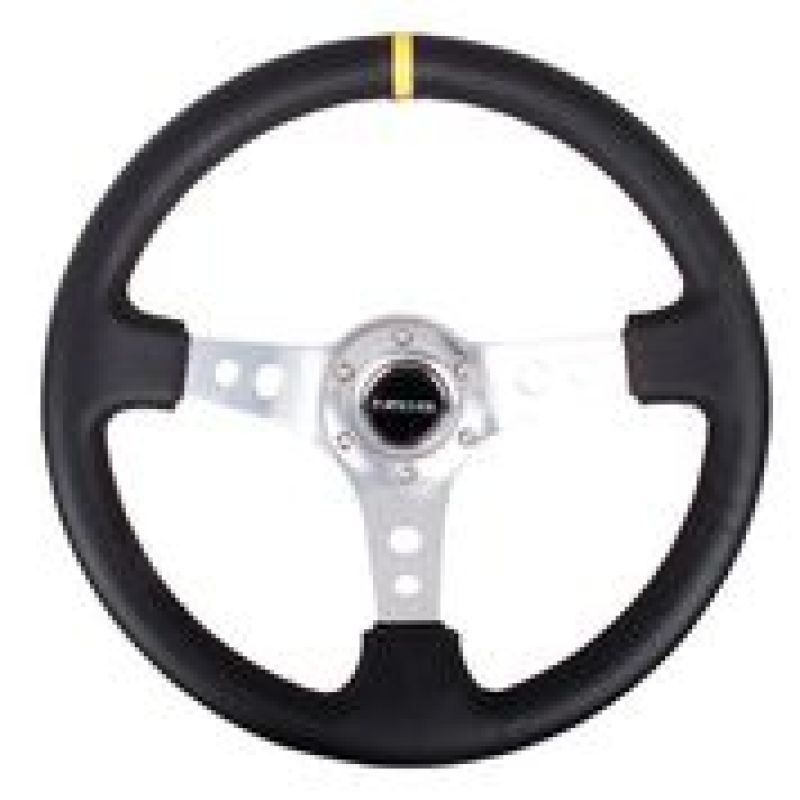 NRG Reinforced Steering Wheel (350mm / 3in. Deep) Blk Leather w/Circle Cut Spokes & Single Yellow CM NRG Steering Wheels  AXOPROS