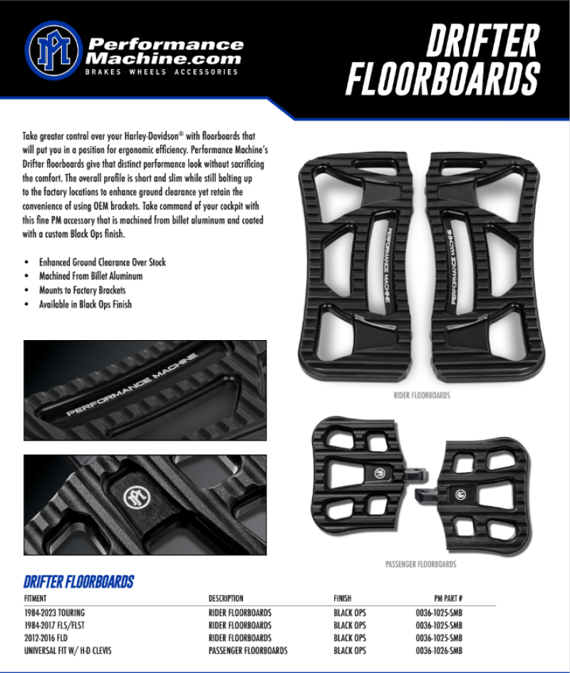 Performance Machine Floorboard Assembly Rider Drifter - Black Ops Performance Machine Footpegs  AXOPROS