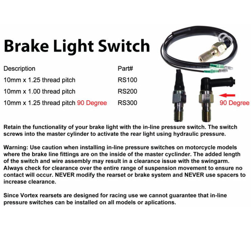 Vortex Racing Vortex Racing Rearsets Replacement Brake Light Press Switch M10 x 1.00 Brake Line Kits aftermarket performance part