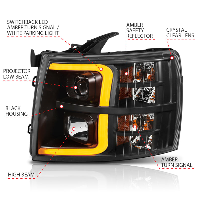 ANZO 07-13 Chevrolet Silverado 1500 Plank Style Projector Headlights Black w/ Amber ANZO Headlights  AXOPROS
