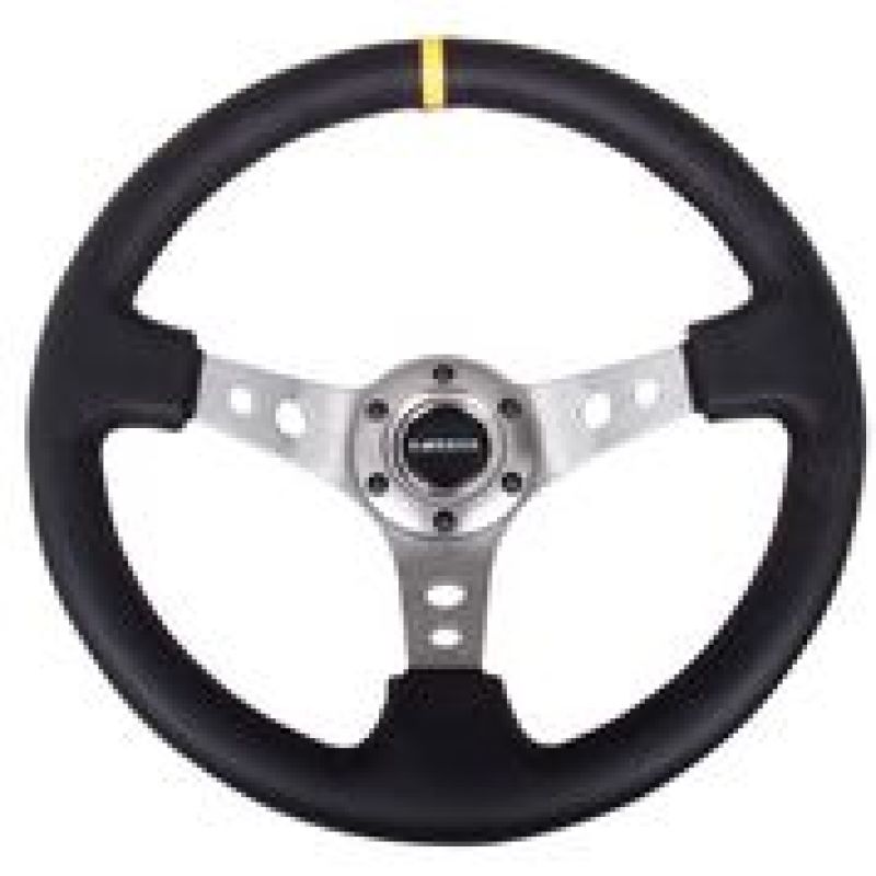 NRG Reinforced Steering Wheel (350mm / 3in. Deep) Blk Leather w/Gunmetal Cutout Spoke & Yellow CM NRG Steering Wheels  AXOPROS