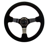 NRG Reinforced Steering Wheel (350mm / 3in. Deep) Blk Suede w/Red BBall Stitch & Black 3-Spoke NRG Steering Wheels  AXOPROS
