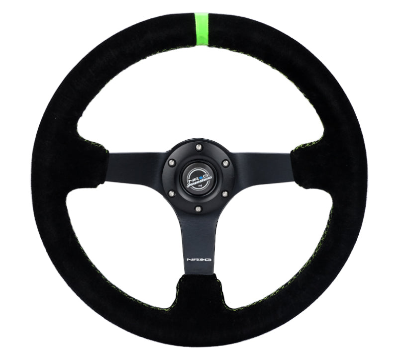 NRG Reinforced Steering Wheel 350mm/3in. Deep Blk Suede/ Neon Green Stitch w/5mm Matte Black Spoke NRG Steering Wheels  AXOPROS
