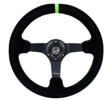 NRG Reinforced Steering Wheel 350mm/3in. Deep Blk Suede/ Neon Green Stitch w/5mm Matte Black Spoke NRG Steering Wheels  AXOPROS