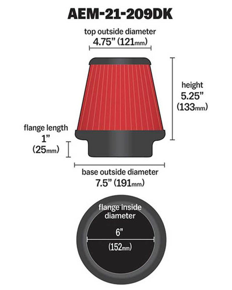 AEM 6 in x 5 in Dryflow Conical Air Filter AEM Induction Air Filters - Universal Fit  AXOPROS