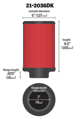 AEM Aif Filter, 3inFLG/ 5inOD/ 6-1/2inH Dry Flow AEM Induction Air Filters - Universal Fit  AXOPROS